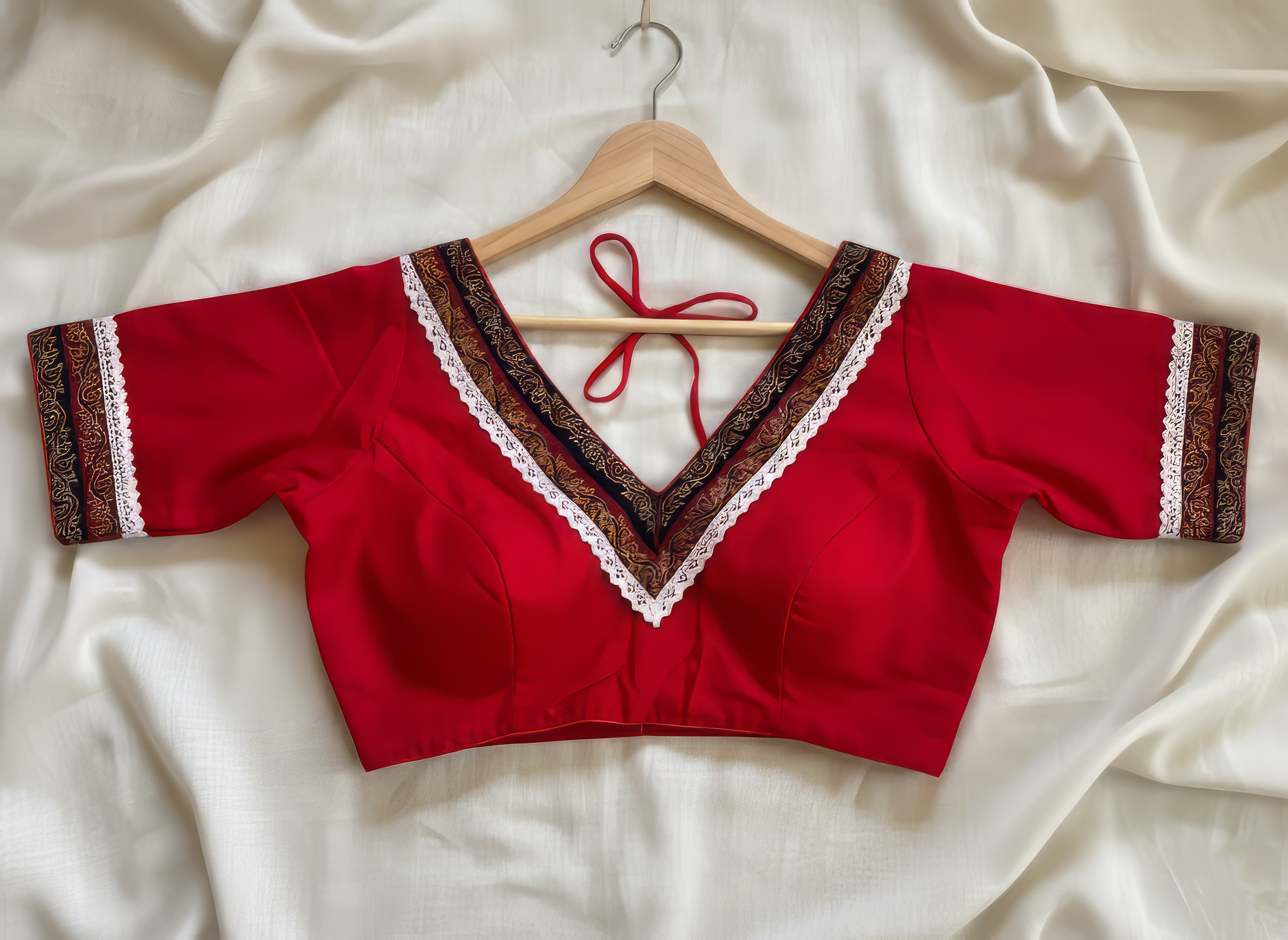 Cotton Ajrakh Patch Half Sleeves Blouse with Crochet Lace