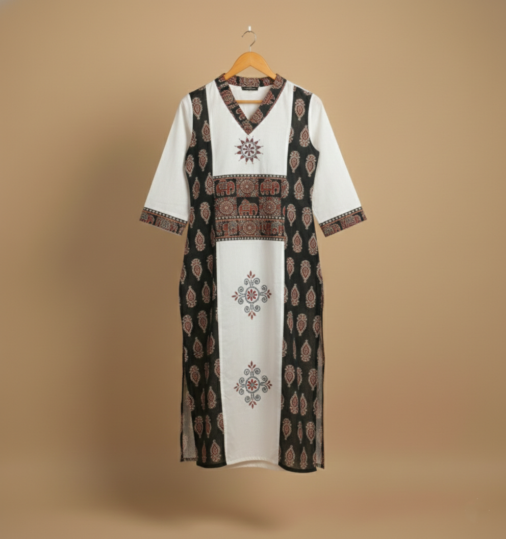 Pure Ajrakh Kantha Kurti – Handcrafted Cotton