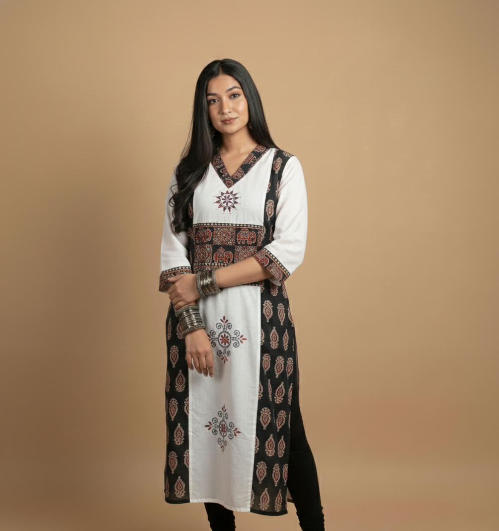 Pure Ajrakh Kantha Kurti – Handcrafted Cotton