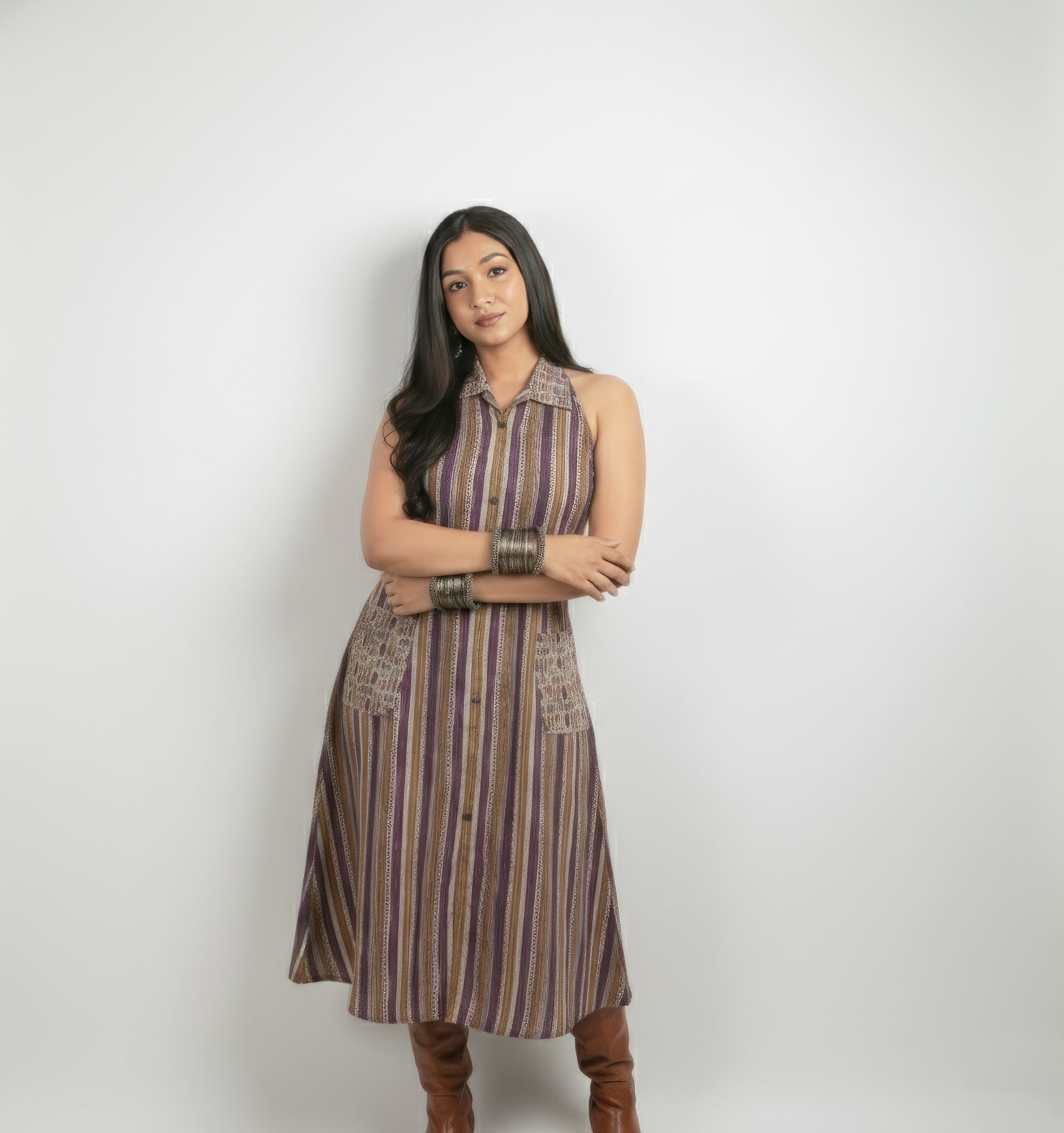 Kantha Work Cotton Collar One-Piece Dress