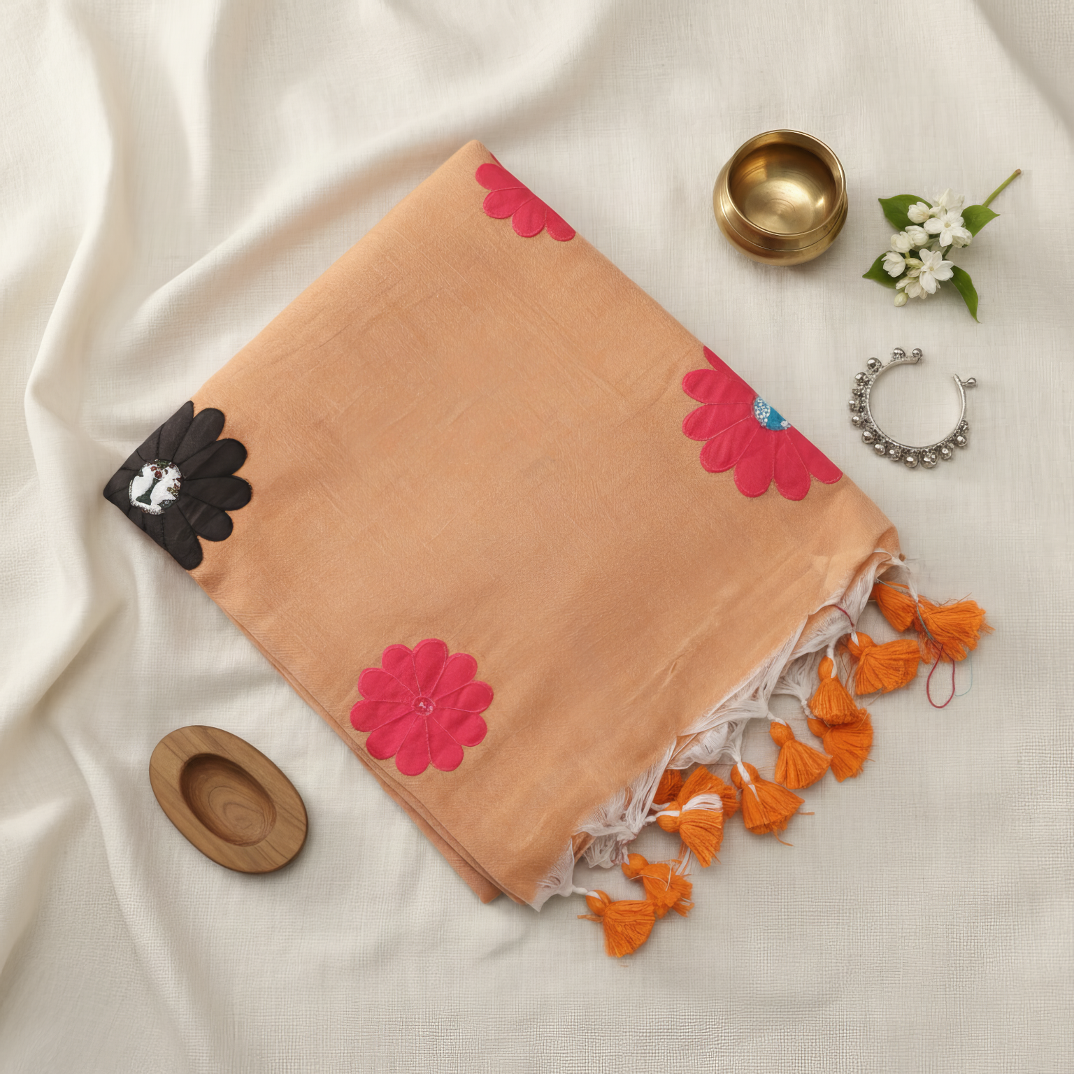 Mol Cotton Flower Patchwork Saree with Tassels