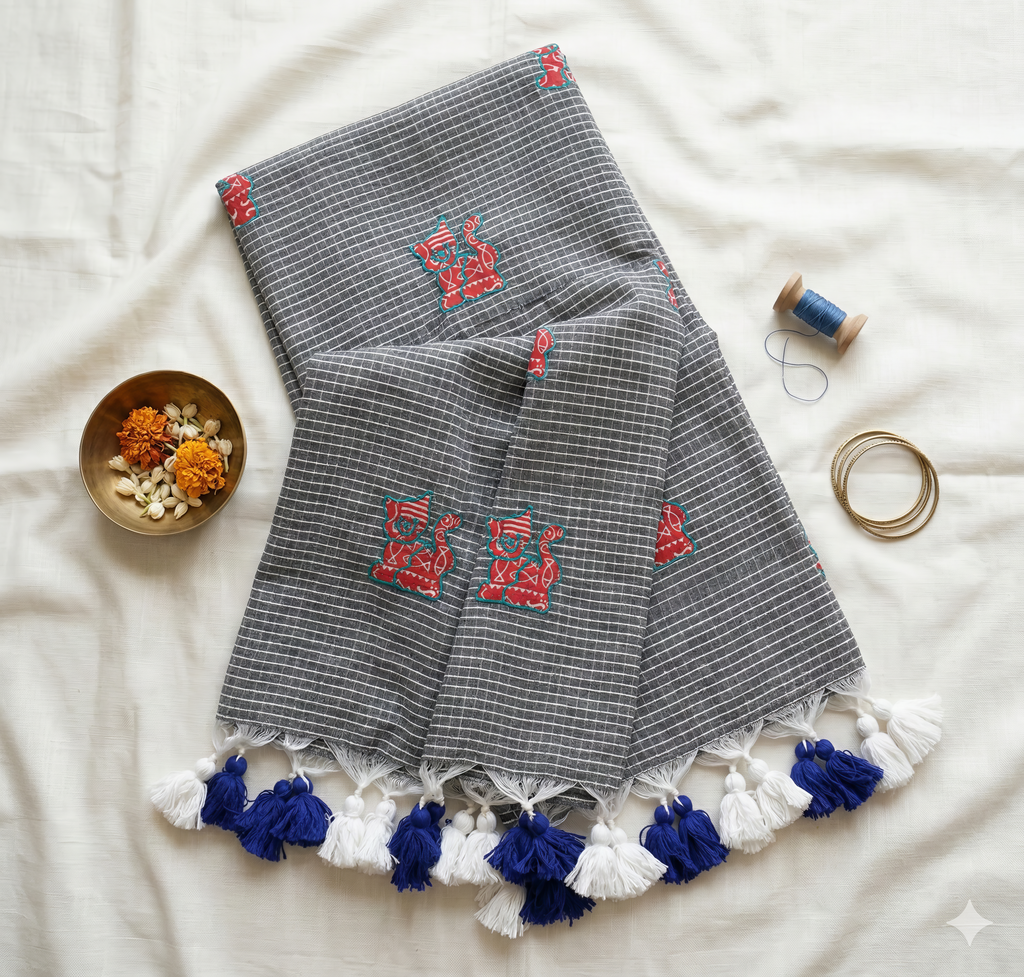 Mol Cotton Checks Cat Patchwork Saree with Tassels