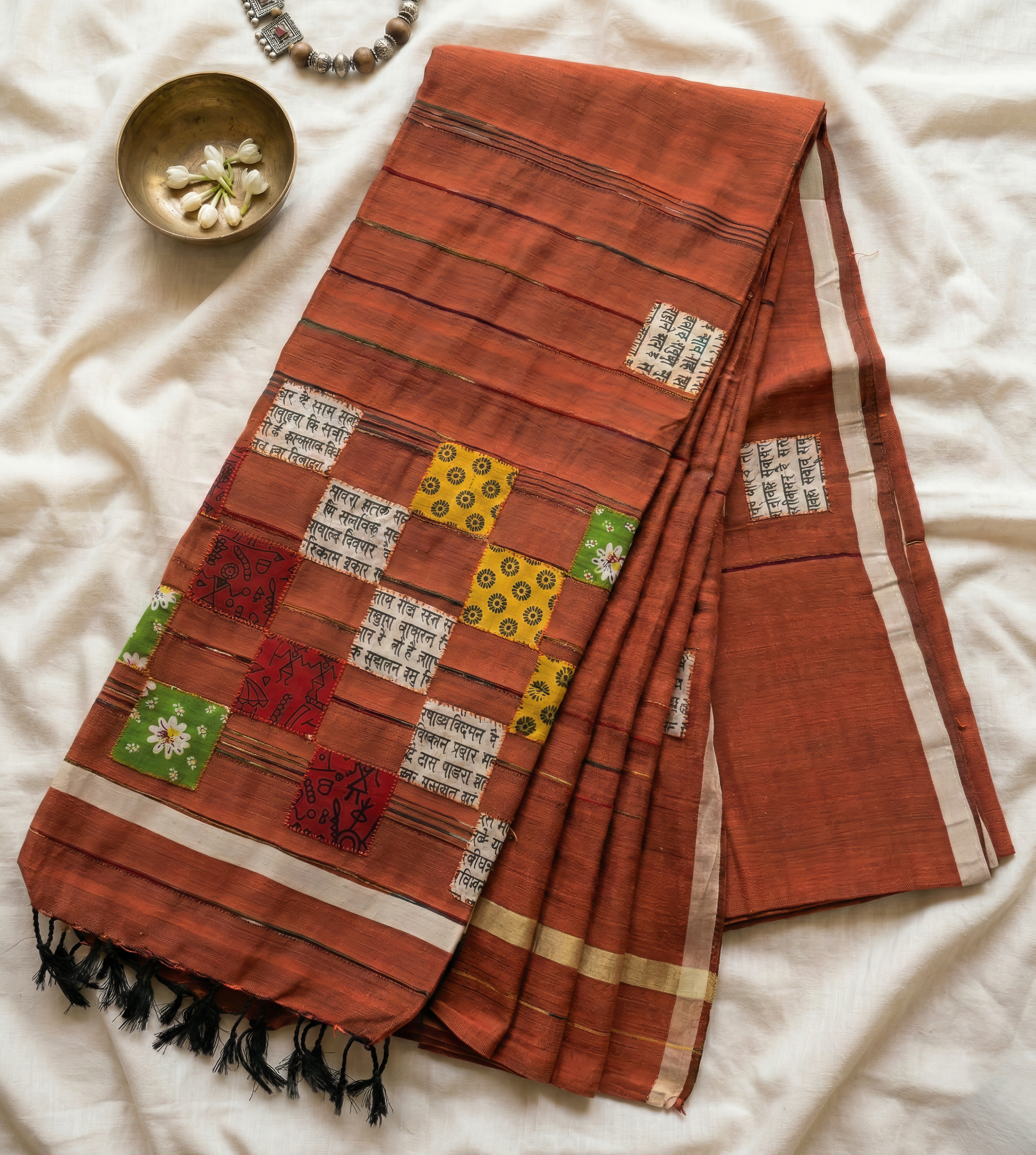 Khadi Cotton Patchwork Saree with Tassels
