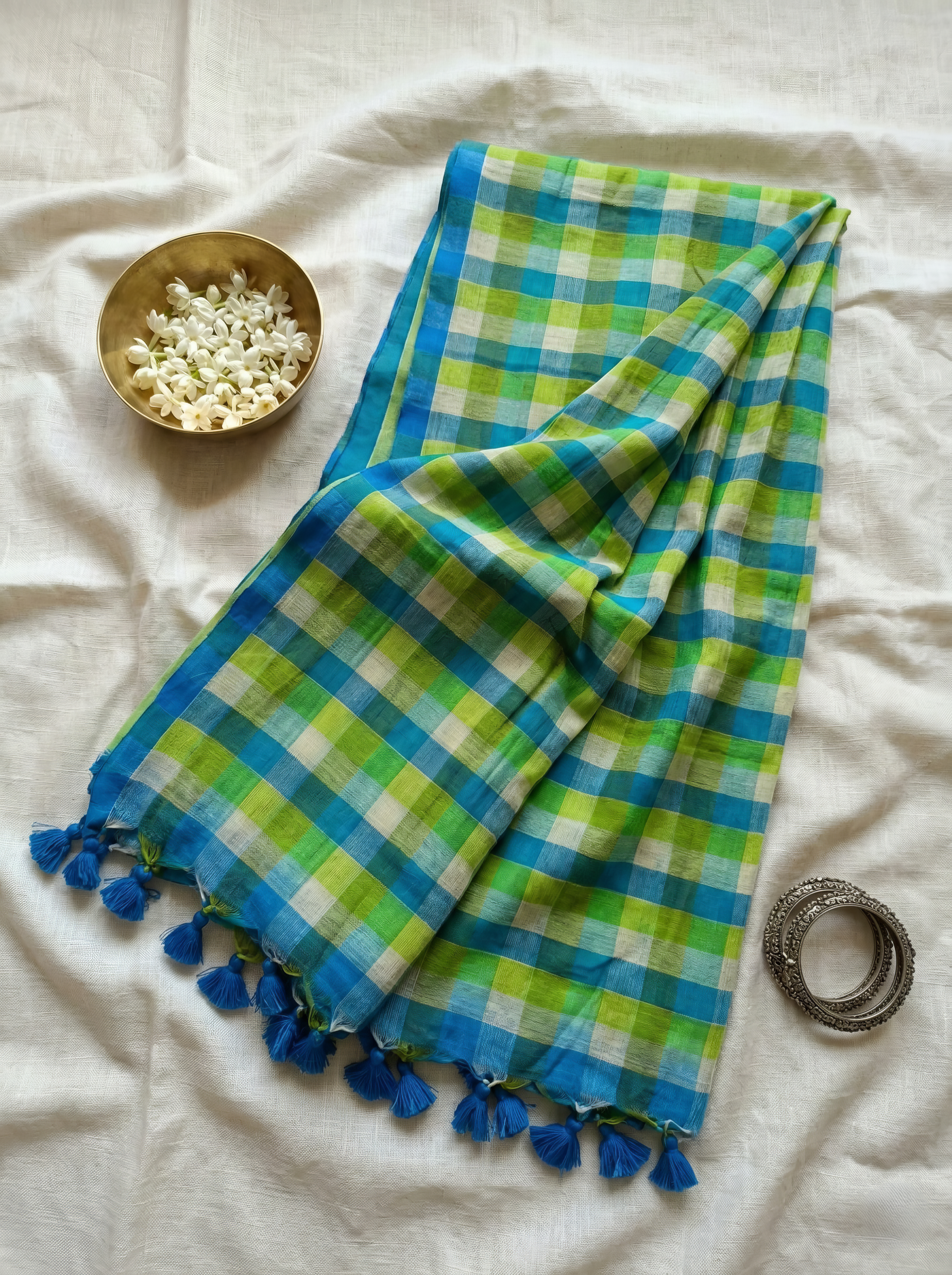 Mol Cotton Checks Saree with Tassels