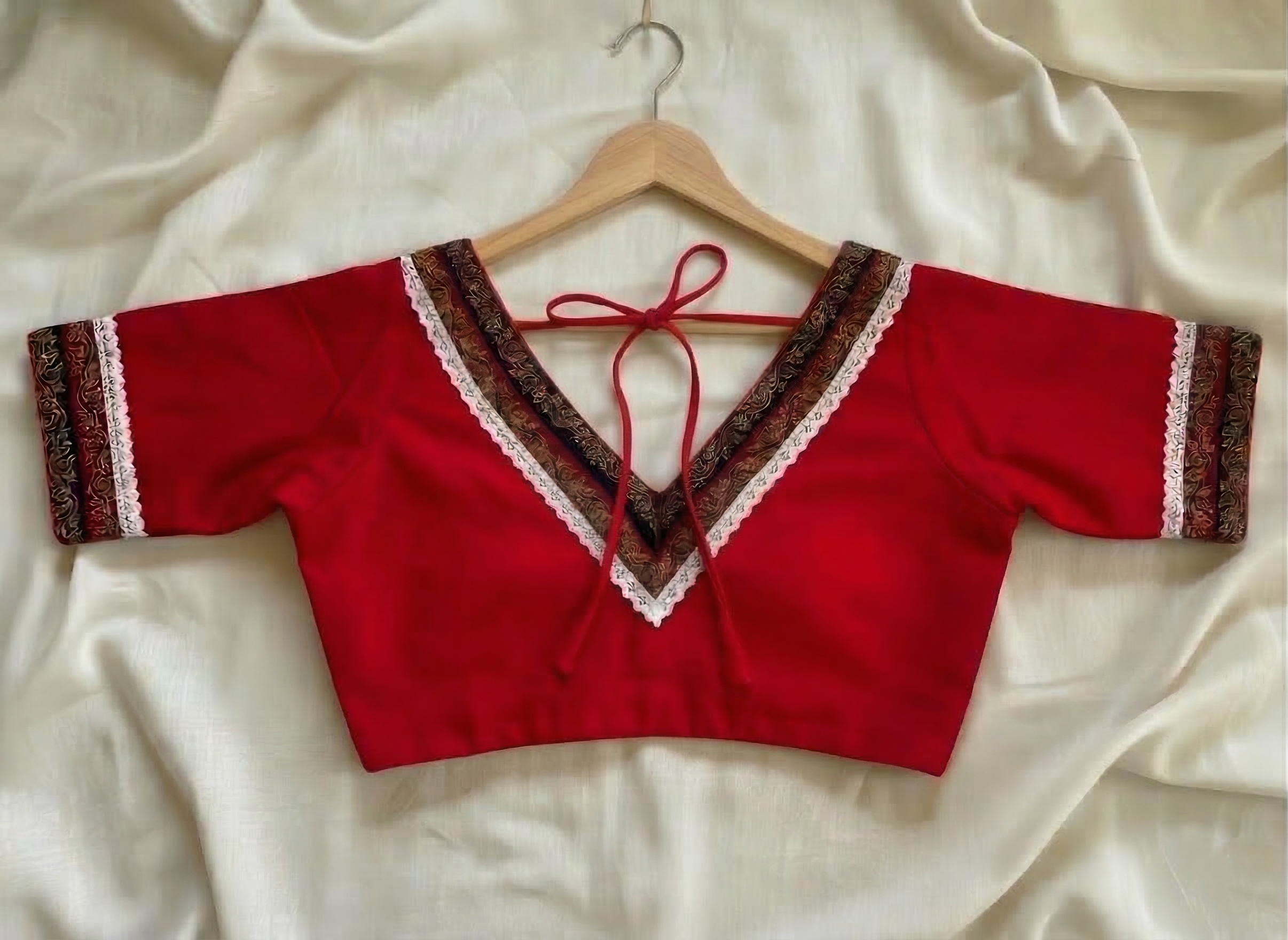 Cotton Ajrakh Patch Half Sleeves Blouse with Crochet Lace
