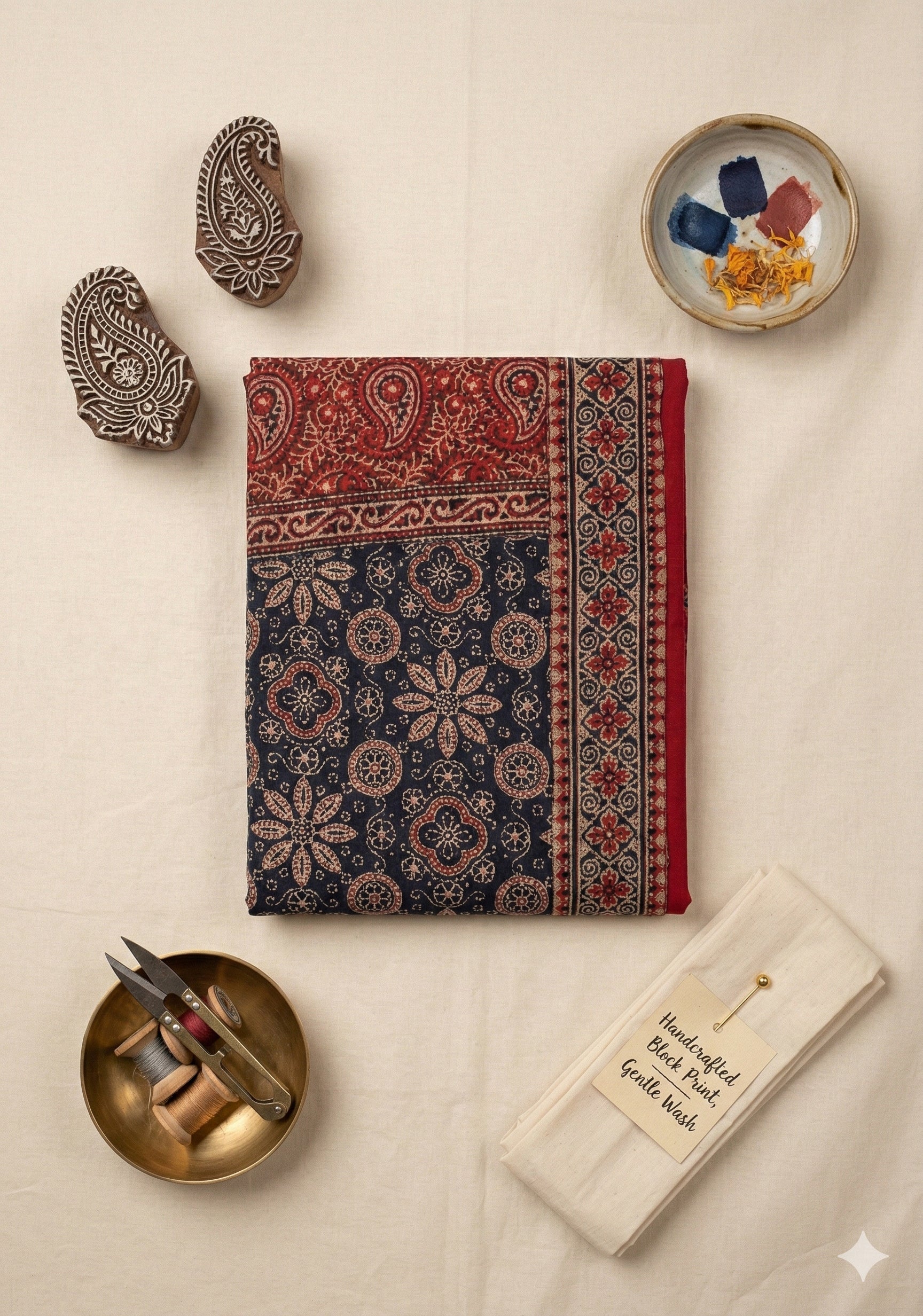 Ajrakh Half & Half Cotton Kurti with Thread & Mirror Work