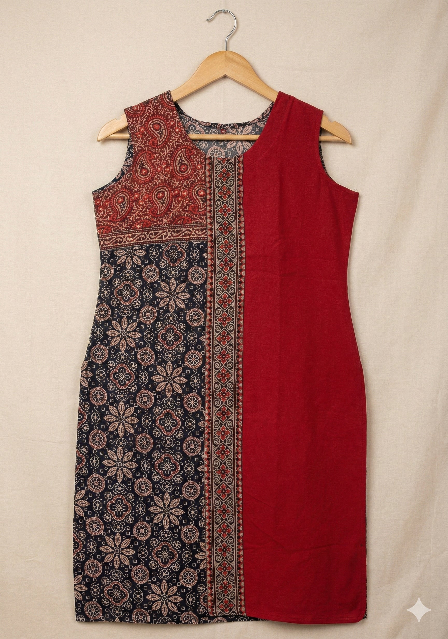 Ajrakh Half & Half Cotton Kurti with Thread & Mirror Work