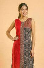 Ajrakh Half & Half Cotton Kurti with Thread & Mirror Work