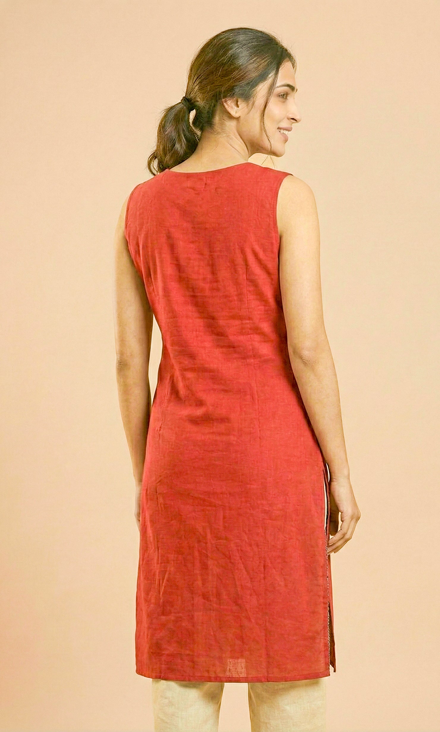 Ajrakh Half & Half Cotton Kurti with Thread & Mirror Work