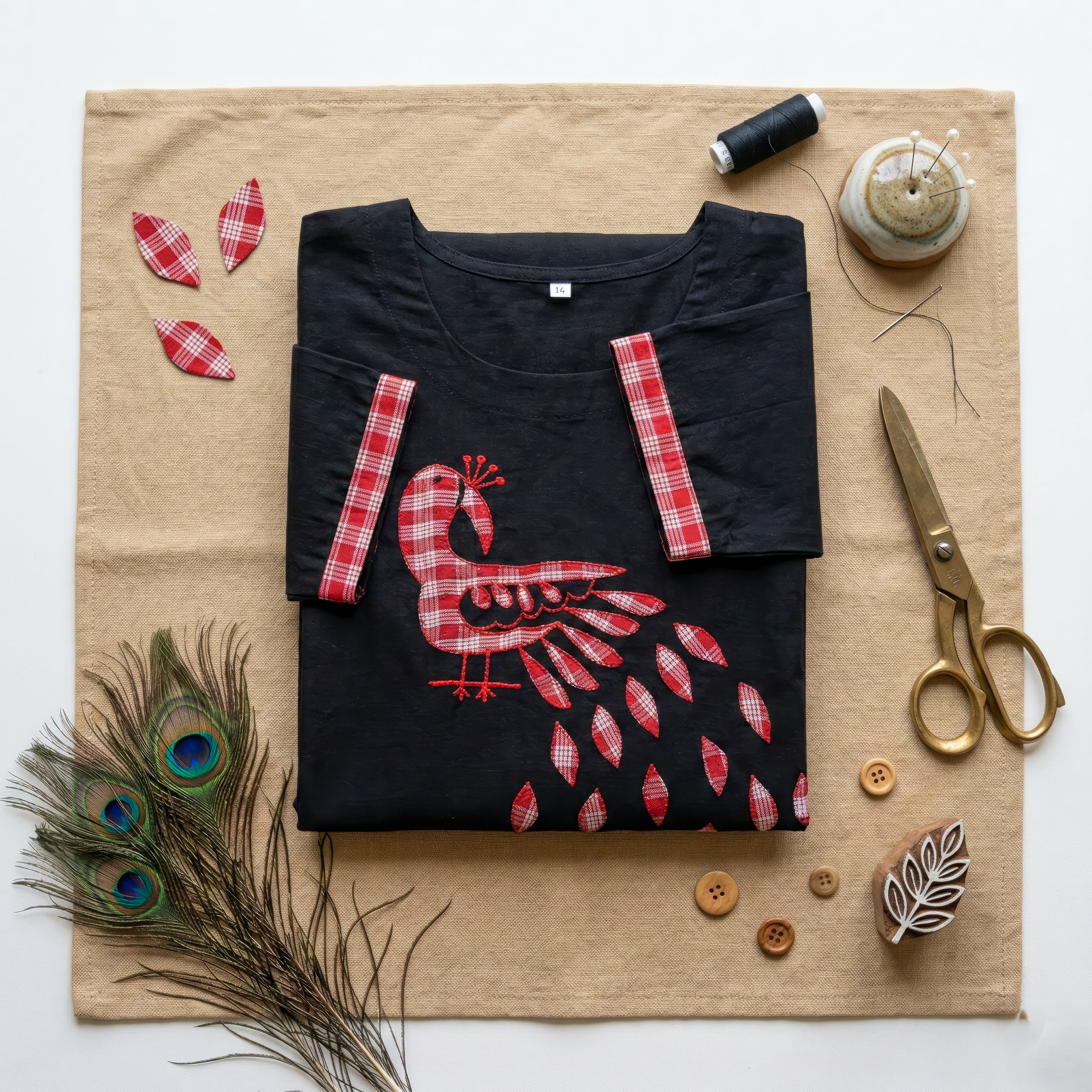 Black Gamcha Patchwork Cotton Kurti – Peacock Design