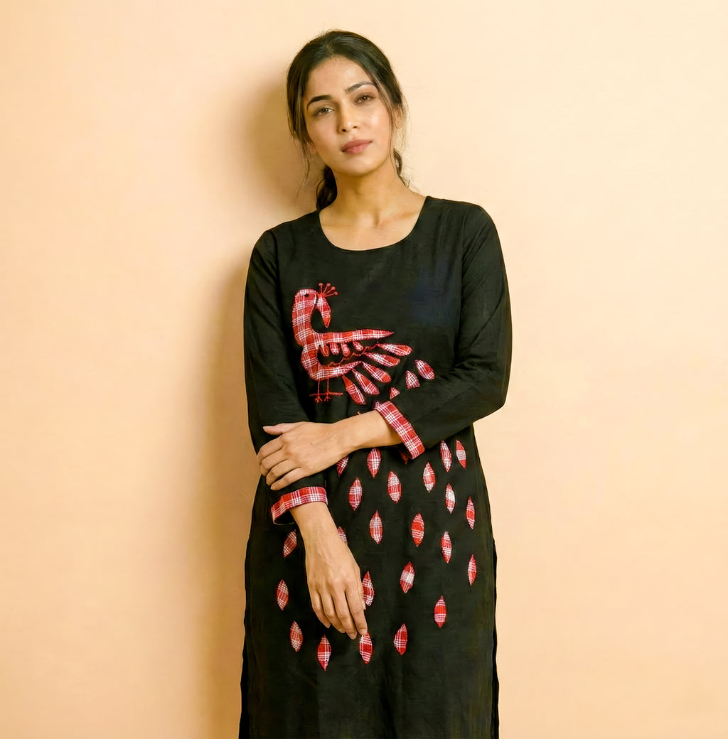 Black Gamcha Patchwork Cotton Kurti – Peacock Design
