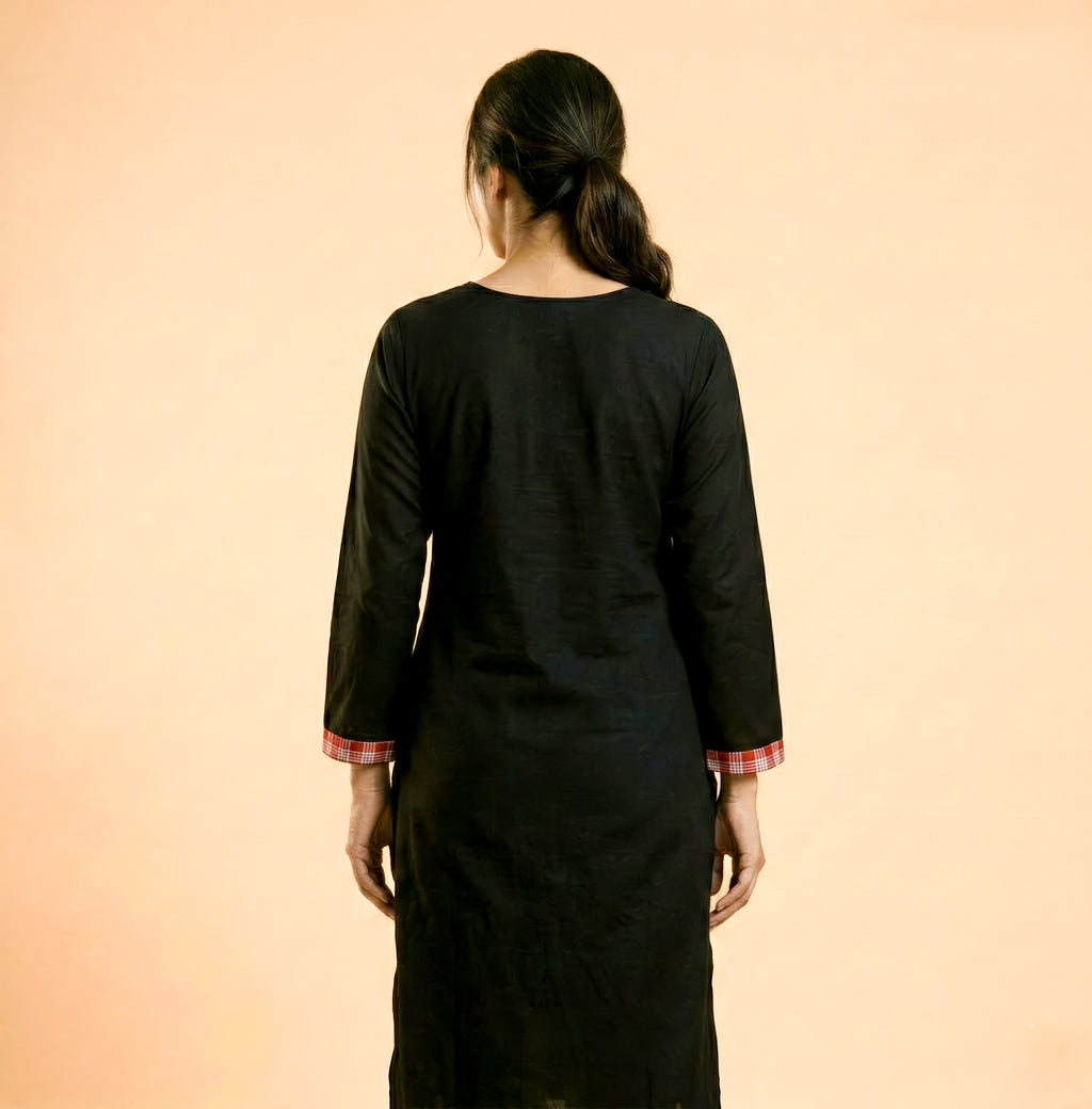 Black Gamcha Patchwork Cotton Kurti – Peacock Design