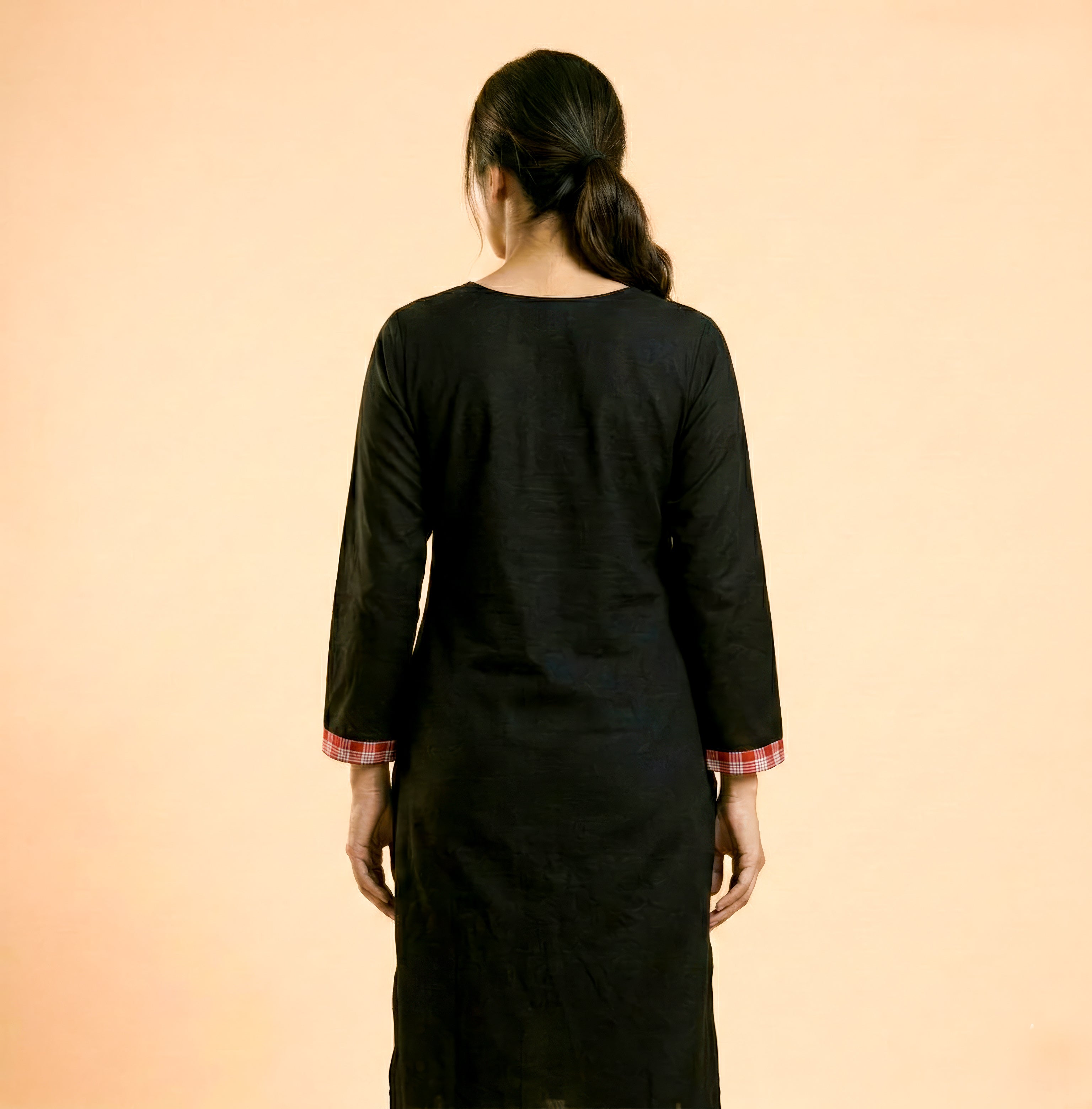 Black Gamcha Patchwork Cotton Kurti – Peacock Design