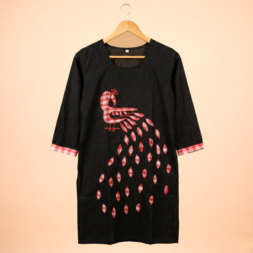 Black Gamcha Patchwork Cotton Kurti – Peacock Design
