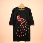 Black Gamcha Patchwork Cotton Kurti – Peacock Design