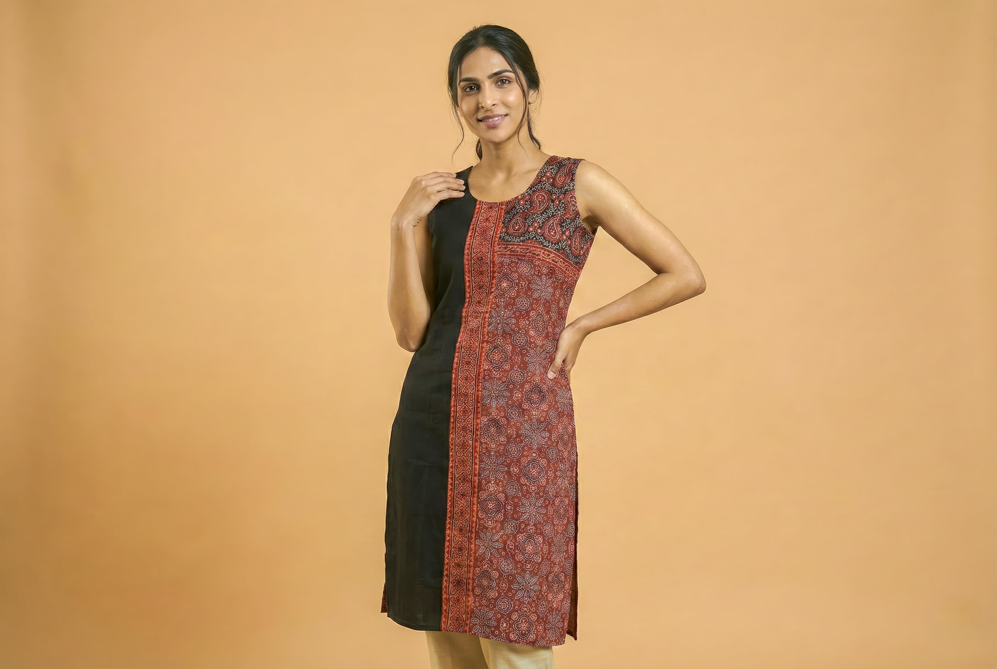 Ajrakh Half & Half Cotton Kurti with Mirror Work