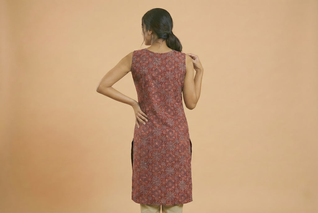 Ajrakh Half & Half Cotton Kurti with Mirror Work