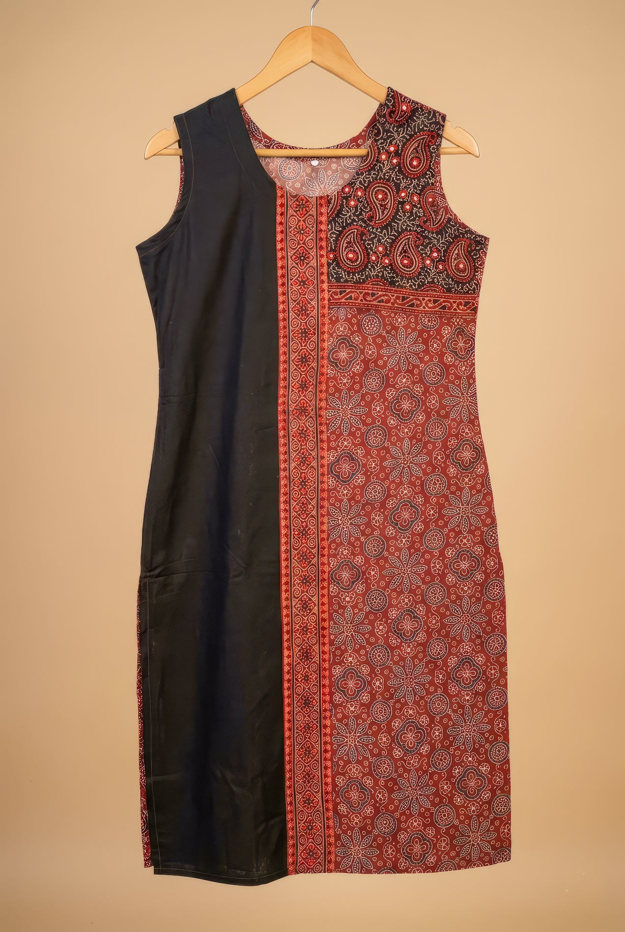 Ajrakh Half & Half Cotton Kurti with Mirror Work